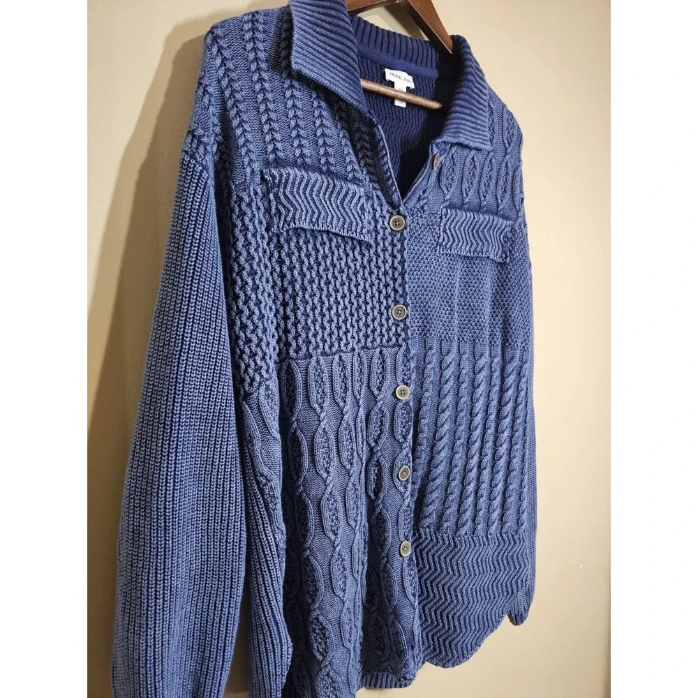 Tribal Jeans Blue 100% Cotton Cable Knit Button Front Cardigan Sweater L